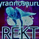 Tyrannosaurus REKT blue hue sharpened meme
