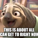Feeling slow this morning | THIS IS ABOUT ALL I CAN GET TO RIGHT NOW. | image tagged in zootopia smiling sloth | made w/ Imgflip meme maker