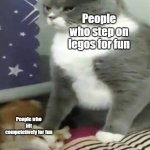 Seriously, who does that?! | People who step on legos for fun; People who lift competetively for fun | image tagged in big cat stomping small cat | made w/ Imgflip meme maker