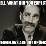 Thoughtful Groucho | WELL, WHAT DID YOU EXPECT? WATERMELONS ARE OUT OF SEASON. | image tagged in thoughtful groucho | made w/ Imgflip meme maker