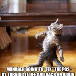 Cat Walking Like A Boss | MANAGER GOING TO "FIX" THE POS BY TURNING IT OFF AND BACK ON AGAIN | image tagged in cat walking like a boss | made w/ Imgflip meme maker