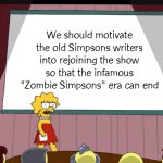Big brain time | We should motivate the old Simpsons writers into rejoining the show so that the infamous "Zombie Simpsons" era can end | image tagged in lisa simpson presents in hd,simpsons,the simpsons | made w/ Imgflip meme maker
