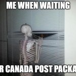 Waiting Skeleton | ME WHEN WAITING FOR CANADA POST PACKAGE | image tagged in waiting skeleton | made w/ Imgflip meme maker