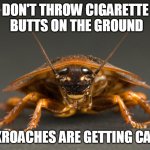 Cockroach Tuberculosis | DON'T THROW CIGARETTE  BUTTS ON THE GROUND; COCKROACHES ARE GETTING CANCER | image tagged in cockroach,cancer,cigarettes | made w/ Imgflip meme maker