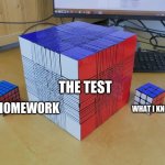 IMPOSSIBLE rubiks cube | THE TEST; THE HOMEWORK; WHAT I KNOW | image tagged in impossible rubiks cube | made w/ Imgflip meme maker