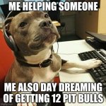pit bull tech support | ME HELPING SOMEONE; ME ALSO DAY DREAMING OF GETTING 12 PIT BULLS | image tagged in pit bull tech support | made w/ Imgflip meme maker