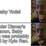Disappointed Black Guy (Textboxes fixed) | Baby Yoda! Under Disney's canon, Baby Yoda was probably killed by Kylo Ren. | image tagged in disappointed black guy textboxes fixed | made w/ Imgflip meme maker