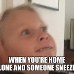 My First Meme Yay | WHEN YOU’RE HOME ALONE AND SOMEONE SNEEZES | image tagged in disturbed child | made w/ Imgflip meme maker