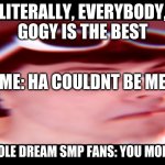Everybody in dream smp do be simping for gogy | LITERALLY, EVERYBODY, GOGY IS THE BEST; ME: HA COULDNT BE ME; WHOLE DREAM SMP FANS: YOU MORON | image tagged in goog | made w/ Imgflip meme maker