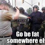 Police spraying fat man - go be fat somewhere else! meme