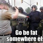 Police spraying fat man - go be fat somewhere else! | image tagged in police spraying fat man - go be fat somewhere else | made w/ Imgflip meme maker