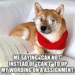 Wholesome advice shibe | ME SAYING "CAN NOT" INSTEAD OF "CAN'T" TO UP MY WORDING ON A ASSIGNMENT: | image tagged in wholesome advice shibe | made w/ Imgflip meme maker