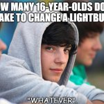 Daily Bad Dad Joke 05/18/2021 | HOW MANY 16-YEAR-OLDS DOES IT TAKE TO CHANGE A LIGHTBULB? "WHATEVER". | image tagged in teenage boy in hoodie | made w/ Imgflip meme maker
