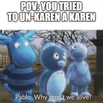 M O N K E | POV: YOU TRIED TO UN-KAREN A KAREN | image tagged in pablo why aren't we alive | made w/ Imgflip meme maker