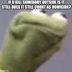 is it?. | IF U KILL SOMEBODY OUTSIDE IS IT STILL DOES IT STILL COUNT AS HOMICIDE? | image tagged in hmmm kermit,murder,hmmm,explain | made w/ Imgflip meme maker