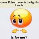 Meme. | Thomas Edison: invents the lightbulb
Insects: | image tagged in memes,funny memes,so true memes,insects,light,barney will eat all of your delectable biscuits | made w/ Imgflip meme maker
