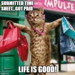 Cat shopping | SUBMITTED TIME SHEET...GOT PAID; LIFE IS GOOD! | image tagged in cat shopping | made w/ Imgflip meme maker