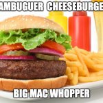 hambooger | HAMBUGUER  CHEESEBURGER; BIG MAC WHOPPER | image tagged in hamburger | made w/ Imgflip meme maker