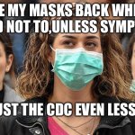 Trust issues | I WORE MY MASKS BACK WHEN THE CDC SAID NOT TO,UNLESS SYMPTOMATIC; I TRUST THE CDC EVEN LESS NOW | image tagged in surgical mask | made w/ Imgflip meme maker