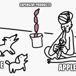 Apple's expensive products | EXPENSIVE PRODUCTS; ME; APPLE | image tagged in dogs and sausage charmer,apple inc,iphone,impressive,wow | made w/ Imgflip meme maker