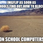 Hopefully that'll never happen | IMGFLIP AS SOON AS SCHOOLS FIND OUT HOW TO BLOCK IT; ON SCHOOL COMPUTERS | image tagged in desert tumbleweed,funny memes,funny,dank memes,dank,imgflip | made w/ Imgflip meme maker