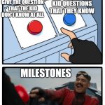 Eggman Button | GIVE THE KID QUESTIONS THAT THEY KNOW; GIVE THE QUESTION THAT THE KID DON'T KNOW AT ALL; MILESTONES | image tagged in eggman button | made w/ Imgflip meme maker