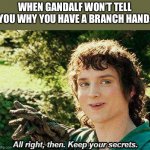 What? | WHEN GANDALF WON’T TELL YOU WHY YOU HAVE A BRANCH HAND: | image tagged in keep your secrets,memes,no upvotes | made w/ Imgflip meme maker