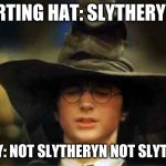 harry potter | SORTING HAT: SLYTHERYN!!! HARRY: NOT SLYTHERYN NOT SLYTHERIN | image tagged in harry potter sorting hat,funny meme | made w/ Imgflip meme maker