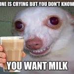 another weird meme | WHEN SOMEONE IS CRYING BUT YOU DON'T KNOW WHAT TO DO; YOU WANT MILK | image tagged in funny meme | made w/ Imgflip meme maker