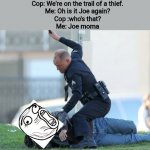 Yolo | Cop: We're on the trail of a thief.
Me: Oh is it Joe again?
Cop :who's that?
Me: Joe moma | image tagged in cop beating | made w/ Imgflip meme maker
