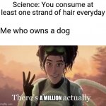 I eat alot of hair ? | Science: You consume at least one strand of hair everyday; Me who owns a dog; A MILLION | image tagged in there s three actually,spiderman,memes,funny,dog | made w/ Imgflip meme maker