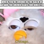 Whoop dee doo | WHEN YOU'RE DRUNK IN THE BACK OF A CAB AND THE DRIVER ASKS FOR DIRECTIONS:; Chicago. | image tagged in drunk furby | made w/ Imgflip meme maker