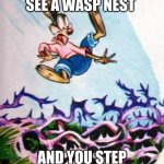 wasp patch | WHEN YOU SEE A WASP NEST; AND YOU STEP ON IT BY ACCIDENT | image tagged in please brer fox please don't throw me into the briar patch,memes | made w/ Imgflip meme maker