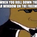 breeze | WHEN YOU ROLL DOWN THE CAR WINDOW ON THE FREEWAY | image tagged in tuxedo winnie the pooh | made w/ Imgflip meme maker