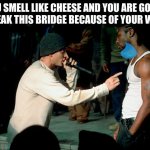Rap Battle | YOU SMELL LIKE CHEESE AND YOU ARE GOING TO BREAK THIS BRIDGE BECAUSE OF YOUR WEIGHT | image tagged in rap battle | made w/ Imgflip meme maker