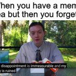 Think brain Think! | When you have a meme idea but then you forget it: | image tagged in my day is ruined,memes,funny,fun | made w/ Imgflip meme maker
