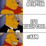 Tuxedo winnie the pooh derpy | YOU FIND A TIK-TOK; IT'S REALLY COOL; #KAM | image tagged in tuxedo winnie the pooh derpy | made w/ Imgflip meme maker