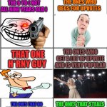 those are not all tho | TYPES OF IMGFLIP USERS THAT I THINK WE ALL KNOW; THE ONES WHO BEGS FOR UPVOTES; THE 9 YO ( NOT ALL NINE YEARS OLD ); THE ONES WHO GET A LOT OF UPVOTE AND IS VERY POPULAR; THAT ONE H*RNY GUY; THE ONES THAT DO NOT GET A LOT UPVOTES; THE ONES THAT STEALS OTHER PEOPLE MEMES | image tagged in blank comic panel 2x3 | made w/ Imgflip meme maker