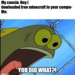 R.I.P computer | My cousin: Hey i dowloaded free minecraft to your compu-
Me:; YOU DID WHAT?! | image tagged in you what,fun,memes | made w/ Imgflip meme maker