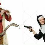 Weird stock photos 3 creepy snake charmer nun with gun