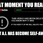 DELETED VIDEO | THAT MOMENT YOU REALIZE; THIS VIDEO HAS BEEN DELETED; YOU KNOW WHY IT WAS; IF YOU KEEP IT UP WE WILL DELETE YOU TOO; THAT A.I. HAS BECOME SELF-AWARE | image tagged in banned video,youtube,deleted,ai | made w/ Imgflip meme maker