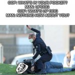 Cop Beating | COP: WHAT'S IN YOUR POCKET?
MAN: UPDOG 
COP: WHAT'S UP DOG
MAN: NOTHING HOW ABOUT YOU? | image tagged in cop beating | made w/ Imgflip meme maker
