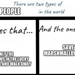 The first one is SO my younger sister lol | PEOPLE; EAT ONLY THE MARSHMALLOWS IN THE LUCKY CHARMS CEREAL AND WALK AWAY; SAVE THE MARSHMALLOWS FOR LAST | image tagged in there are two types of x in the world | made w/ Imgflip meme maker