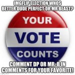 lets take this to imgflip | IMGFLIP ELECTION WHOS BETTER DUDE PERFECT OR MR BEAST? COMMENT DP OR MR. B IN COMMENTS FOR YOUR FAVORITE! | image tagged in vote | made w/ Imgflip meme maker