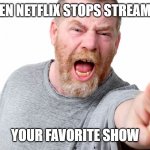 angry man shouting and pointing | WHEN NETFLIX STOPS STREAMING; YOUR FAVORITE SHOW | image tagged in angry man shouting and pointing | made w/ Imgflip meme maker