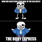 Bad pun sans | HOW DID SKELETONS SEND MAIL IN THE OLD DAYS? THE BONY EXPRESS | image tagged in bad pun sans | made w/ Imgflip meme maker
