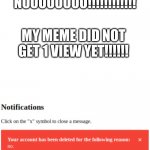your account has been deleted because no | NOOOOOOOO!!!!!!!!!!!! MY MEME DID NOT GET 1 VIEW YET!!!!!! | image tagged in your account has been deleted because no | made w/ Imgflip meme maker