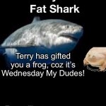 They didn’t  say you couldn’t combine two Wednesday Memes into One. | Terry has gifted you a frog, coz it’s Wednesday My Dudes! | image tagged in terry the fat shark is back,terry the fat shark,memes,its wednesday my dudes | made w/ Imgflip meme maker