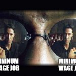 "YoU hAVe aLL tHe OpTIOns iN thE wOrLD" | MININUM WAGE JOB; MINIMUM WAGE JOB | image tagged in red pill blue pill,minimum wage,job | made w/ Imgflip meme maker