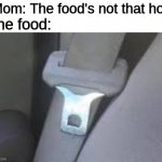 Oh, the pain | Mom: The food's not that hot; The food: | image tagged in hot seatbelt buckle,seatbelt,pain,burn,food,hot | made w/ Imgflip meme maker